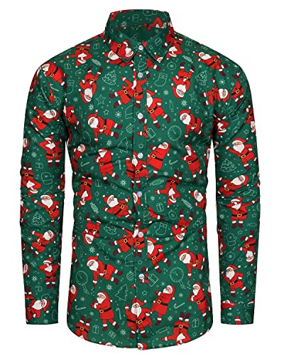 TUNEVUSE Herren Weihnachts Hemd Print Hemd Weihnachtshemd Lustige Funky Hemden Langarm Hemd Weihnachten Muster Christmas Hemd Xmas Hemd Grün Groß von TUNEVUSE