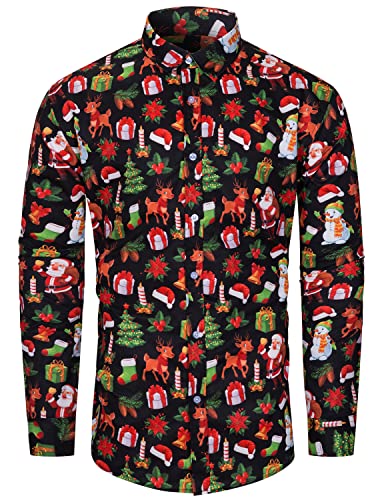 TUNEVUSE Herren Weihnachts Hemd - Lustige Funky Langarm Hemden Mit Weihnachten Muster - Christmas Xmas Hemd Schwarz Groß von TUNEVUSE