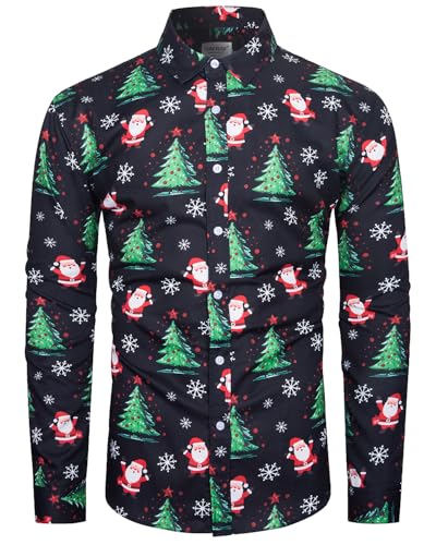 TUNEVUSE Herren Weihnachts-Hemd - Lustige Funky Langarm Weihnachtsmuster Christmas Xmas Hemd - Schwarz Klein von TUNEVUSE