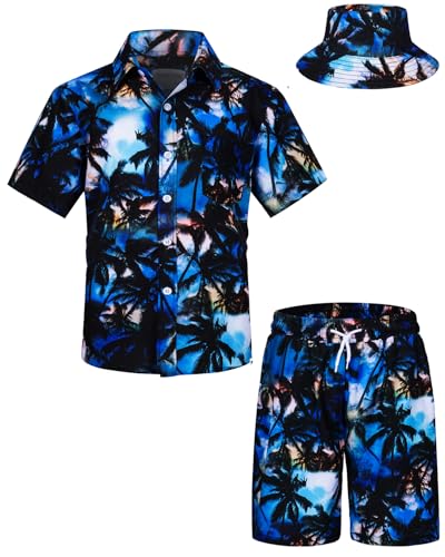 TUNEVUSE Kleine und große Jungen Hawaiian Button Down Hemds und Short Set Tropical Print Sommerkleid mit Matchstick Hut Kinder 2-teilige Kleidung Cabana Set Blau 13-14T von TUNEVUSE