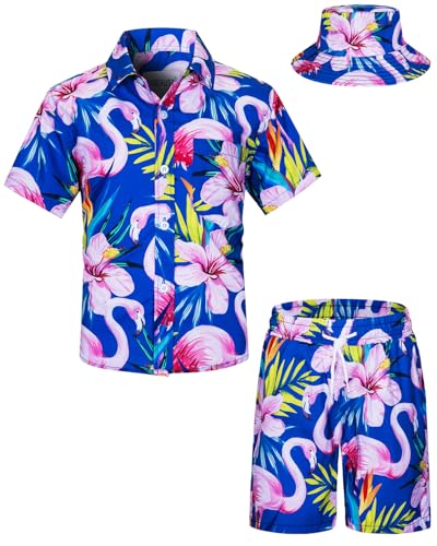 TUNEVUSE Kleine und große Jungen Hawaiian Button Down Hemds und Short Set Tropical Print Sommerkleid mit Matchstick Hut Kinder 2-teilige Kleidung Cabana Set Blau 3-4T von TUNEVUSE