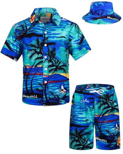 TUNEVUSE Kleine und große Jungen Hawaiian Button Down Hemds und Short Set Tropical Print Sommerkleid mit Matchstick Hut Kinder 2-teilige Kleidung Cabana Set Blau 5-6T von TUNEVUSE