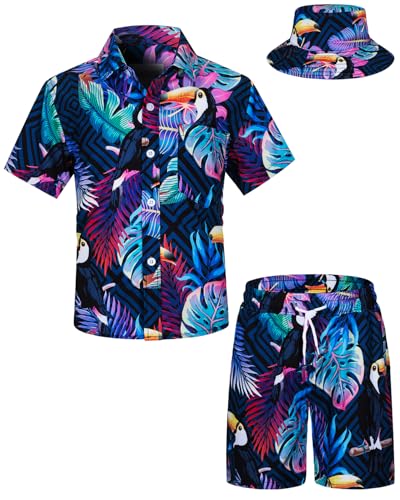 TUNEVUSE Kleine und große Jungen Hawaiian Button Down Hemds und Short Set Tropical Print Sommerkleid mit Matchstick Hut Kinder 2-teilige Kleidung Cabana Set Blau 5-6T von TUNEVUSE