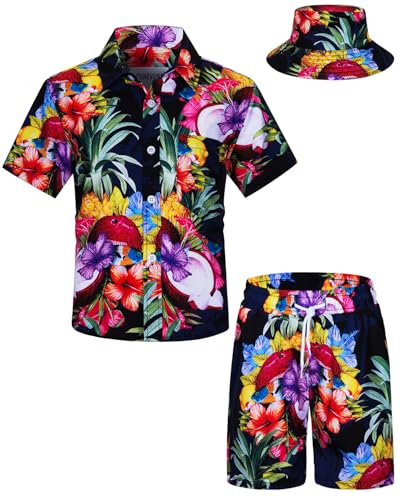 TUNEVUSE Kleine und große Jungen Hawaiian Button Down Hemds und Short Set Tropical Print Sommerkleid mit Matchstick Hut Kinder 2-teilige Kleidung Cabana Set Blau 7-8T von TUNEVUSE