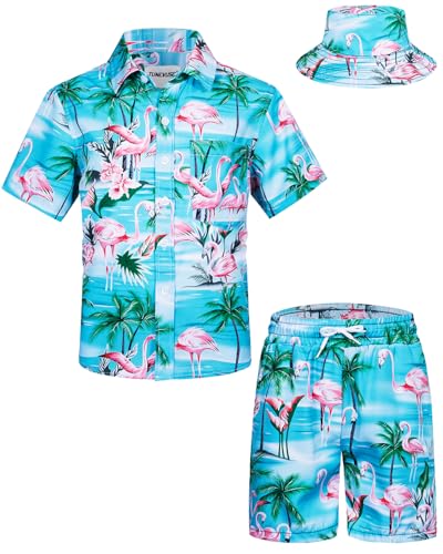 TUNEVUSE Kleine und große Jungen Hawaiian Button Down Hemds und Short Set Tropical Print Sommerkleid mit Matchstick Hut Kinder 2-teilige Kleidung Cabana Set Blau 9-10T von TUNEVUSE