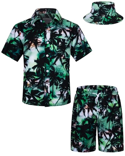 TUNEVUSE Kleine und große Jungen Hawaiian Button Down Hemds und Short Set Tropical Print Sommerkleid mit Matchstick Hut Kinder 2-teilige Kleidung Cabana Set Grün 5-6T von TUNEVUSE