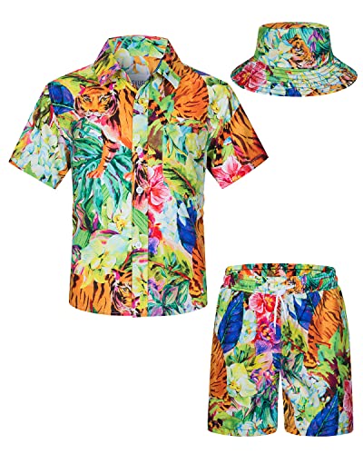 TUNEVUSE Kleine und große Jungen Hawaiian Button Down Hemds und Short Set Tropical Print Sommerkleid mit Matchstick Hut Kinder 2-teilige Kleidung Cabana Set Grün 7-8T von TUNEVUSE