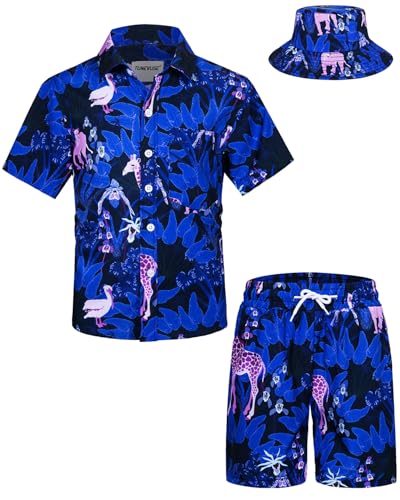 TUNEVUSE Kleine und große Jungen Hawaiian Button Down Hemds und Short Set Tropical Print Sommerkleid mit Matchstick Hut Kinder 2-teilige Kleidung Cabana Set Lila 13-14T von TUNEVUSE