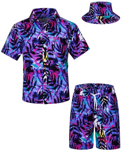 TUNEVUSE Kleine und große Jungen Hawaiian Button Down Hemds und Short Set Tropical Print Sommerkleid mit Matchstick Hut Kinder 2-teilige Kleidung Cabana Set Lila 9-10T von TUNEVUSE