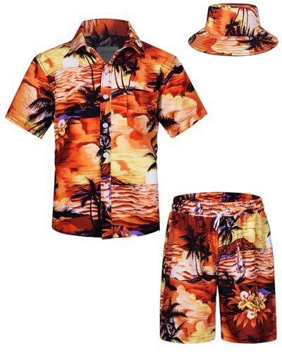 TUNEVUSE Kleine und große Jungen Hawaiian Button Down Hemds und Short Set Tropical Print Sommerkleid mit Matchstick Hut Kinder 2-teilige Kleidung Cabana Set Orange 13-14T von TUNEVUSE