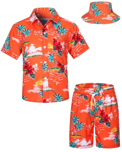 TUNEVUSE Kleine und große Jungen Hawaiian Button Down Hemds und Short Set Tropical Print Sommerkleid mit Matchstick Hut Kinder 2-teilige Kleidung Cabana Set Orange 3-4T von TUNEVUSE