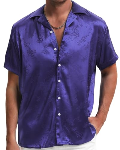 TUNEVUSE Männer Satin Shirt Glänzend Kurzarm Floral Button Down Jacquard Kleid Sommer Solid Shirt Tops S-5XL Lila Klein von TUNEVUSE