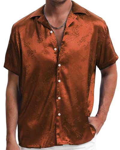 TUNEVUSE Männer Satin Shirt Glänzend Kurzarm Floral Button Down Jacquard Kleid Sommer Solid Shirt Tops S-5XL Orange XX-Large von TUNEVUSE