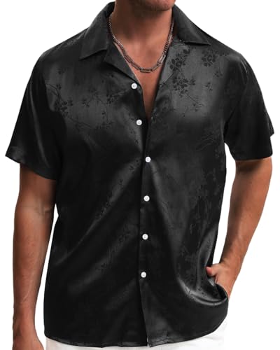 TUNEVUSE Männer Satin Shirt Glänzend Kurzarm Floral Button Down Jacquard Kleid Sommer Solid Shirt Tops S-5XL Schwarz Mittel von TUNEVUSE