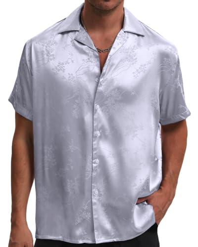 TUNEVUSE Männer Satin Shirt Glänzend Kurzarm Floral Button Down Jacquard Kleid Sommer Solid Shirt Tops S-5XL Silber 3X-Large von TUNEVUSE
