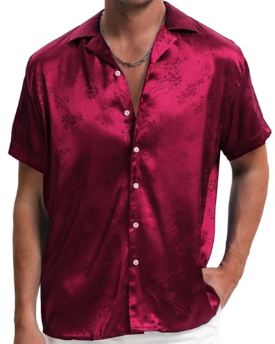 TUNEVUSE Männer Satin Shirt Glänzend Kurzarm Floral Button Down Jacquard Kleid Sommer Solid Shirt Tops S-5XL Weinrot X-Large von TUNEVUSE