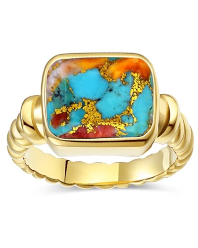 Edelstahl vergoldet Siegelring für Herren Damen – Moderner Boho Stil – rechteckiger Roter Muschel-Türkis – chunky Statement Ring größe 62(19.7) von TUNGSTORY