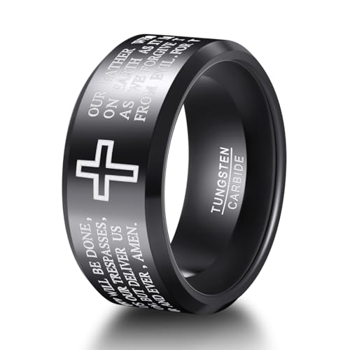 TUNGSTORY Wolfram Ring Herren 10mm Schwarz Kreuz Ring mit Vater Unser Christlicher Schmuck Größe 54.4(17.3) von TUNGSTORY