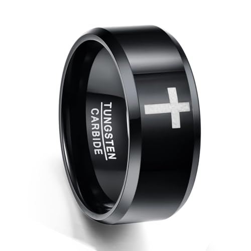 TUNGSTORY Wolfram Ring Herren 10mm Schwarz Kreuz Ring Christlicher Schmuck Größe 67.2(21.4) von TUNGSTORY