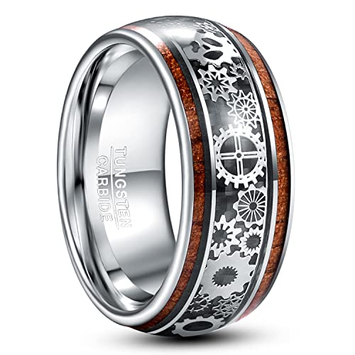 TUNGSTORY Ring Herren 10mm Wolframkarbid mit Holzmaserung und Steampunk-Zahnrad, Größe 54.4-72 von TUNGSTORY