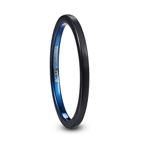 TUNGSTORY 2mm Verlobungsring für Frauen Herren Wolframkarbid Ring Damen Schwarz Blau Zweifarbig Ehering Mattes Finish Komfort Fit Größen 49.3(15.7) von TUNGSTORY