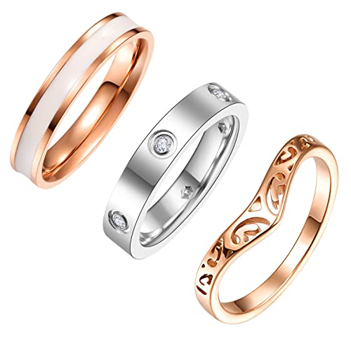 TUNGSTORY 3 Stück Rostfreier Stahl Ring Roségold Weißleim Ring Keltischer Knoten und Zirkon Silber Chevron Verlobungsringe Komfort Fit Größe 52 (16.6) von TUNGSTORY