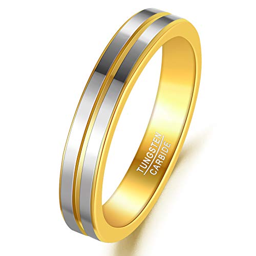 TUNGSTORY 4mm Breite Wolfram Ring Polierte OberfläChe Verlobungsringe mit Rille In Der Mitte Flache Eheringe Goldener Innenring für Herren Damen Größe 65(20.7) von TUNGSTORY