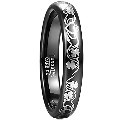 TUNGSTORY 4mm Claddagh Black Dome Wolfram Carbide Verlobungsringe mit Vierblättriges Kleeblatt Muster für Frauen Größe 49.3(15.7) von TUNGSTORY