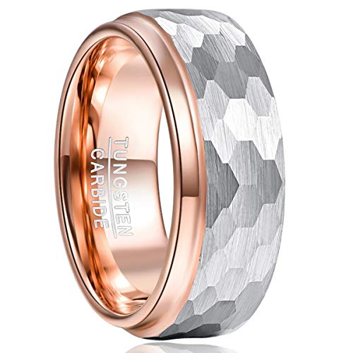 TUNGSTORY 8mm Herren Damen Wolframring Roségold mit Hammered Finish Seitenschritte Überzug Eheringe Poliert Versprechensring Größe 57(18.1) von TUNGSTORY