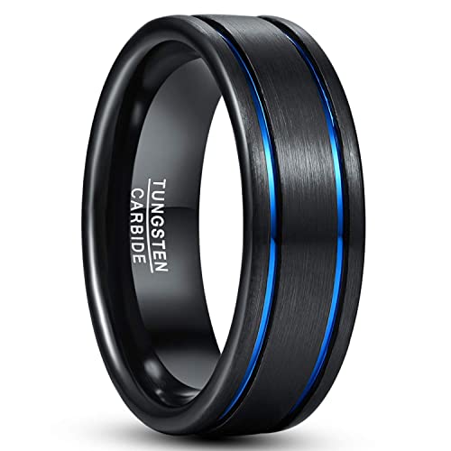 TUNGSTORY 8mm Herren Schwarzer Wolframcarbid Ring mit Blau Plattierten Rillen Gebürstetes Finish Eheringe Komfort Fit Größe 67.2(21.4) von TUNGSTORY