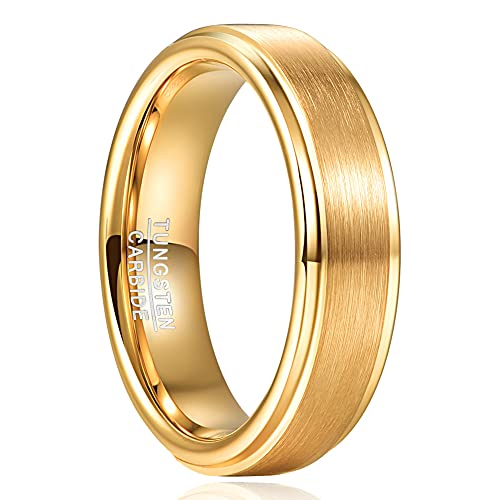 TUNGSTORY 6mm Wolfram Ring Herren Damen Gold Eheringe Verlobungsring mit Stufenkanten Verlobungs Gebürstetem Finish Größe 54.4(17.3) von TUNGSTORY