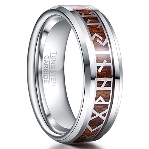 TUNGSTORY Wikinger Ring Herren 8mm Wolfram Silber Ring mit Holz Wikinger Schmuck Herren Ehering Größe 54.4(17.3) von TUNGSTORY