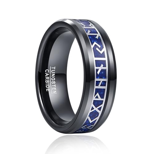 TUNGSTORY Wikinger Ring Herren 8mm Wolfram Schwarz Ring mit Blaue Kohlefaser Wikinger Schmuck Herren Ehering Größe 67.2(21.4) von TUNGSTORY