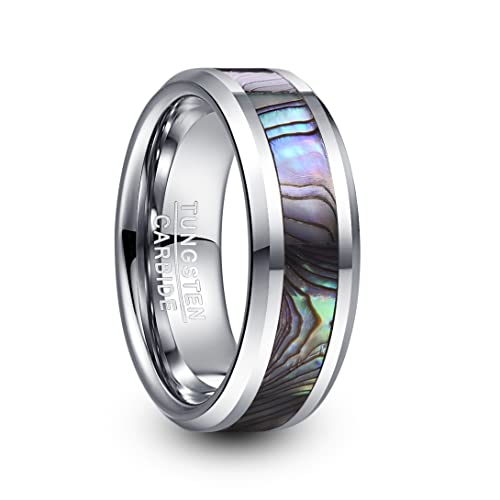TUNGSTORY Herren Wolframring Ehering Stahl Farbe 8mm mit Abalone Muscheln Inlay Verlobungsring Schrägkanten Poliert Freundschaftsring für Herren Damen Größe 67.2(21.4) von TUNGSTORY