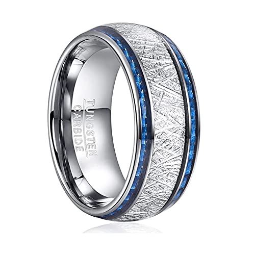 TUNGSTORY Imitation Meteorite Wolfram Ring 10mm Herren Hochzeit Ring mit Blau Kohlefaser Inlay Verlobungsring Poliert Modeschmuck Komfort Fit Größe 62(19.7) von TUNGSTORY