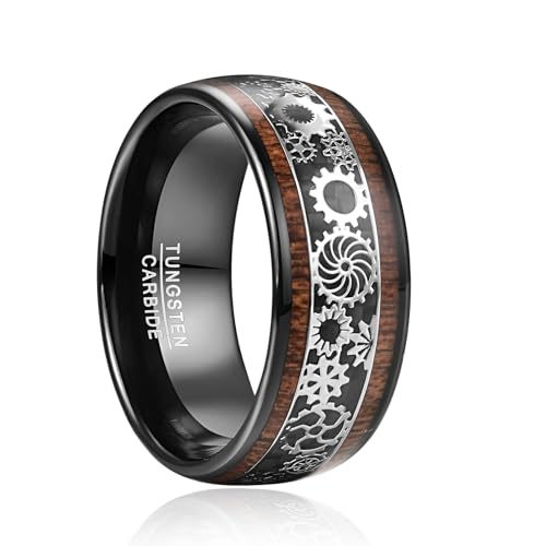 TUNGSTORY Wolfram Ring Herren 10mm Schwarz Steampunk Zahnräder Ring mit Holz Männer Ehering Größe 70(22.3) von TUNGSTORY