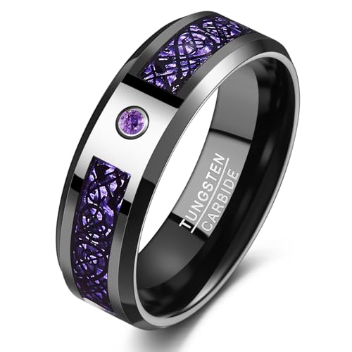 TUNGSTORY Schwarzer Wolframkarbid Ring für Herren – Fantasy keltischer Drache Männer Ehering, violetter Zirkonia & Carbon – 8 mm Breite, Komfort-Innenprofil größe 57(18.1) von TUNGSTORY