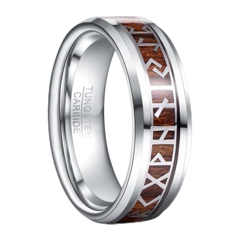 TUNGSTORY Wikinger Ring Herren 8mm Wolfram Silber Ring mit Holz Wikinger Schmuck Herren Ehering Größe 65.0(20.7) von TUNGSTORY
