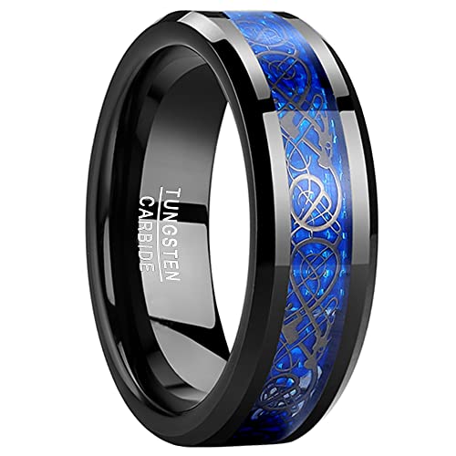 TUNGSTORY Wolfram Ring 8mm Blau Kohlefaser Eingelegt Freundschaftsring Polierte für Herren Damen Komfort Fit Größe 65(20.7) von TUNGSTORY