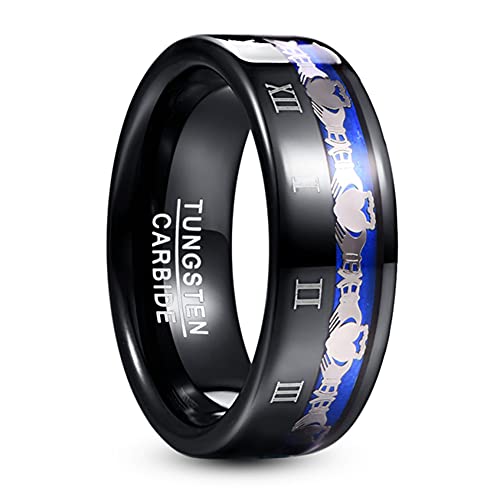 TUNGSTORY Wolframcarbid Ringe 8mm Claddagh Eingelegt mit Gravierten Römischen Ziffern Schwarz und Blau Verlobungsring Herren Damen Größe 54(17.2) von TUNGSTORY