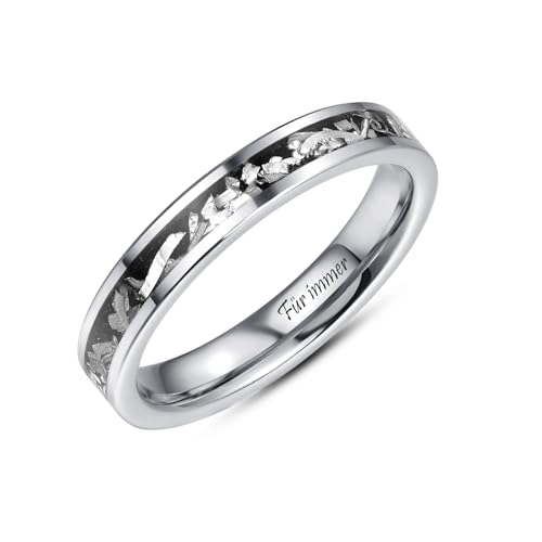 TUNGSTORY Wolframkarbid Gravur Ring Damen – Silber & Schwarz, Meteorit-Imitat, 4mm breit- Kosmische Inspiration futuristisches Design Ehering Schmuckgeschenk für Sie 52(16.6) von TUNGSTORY
