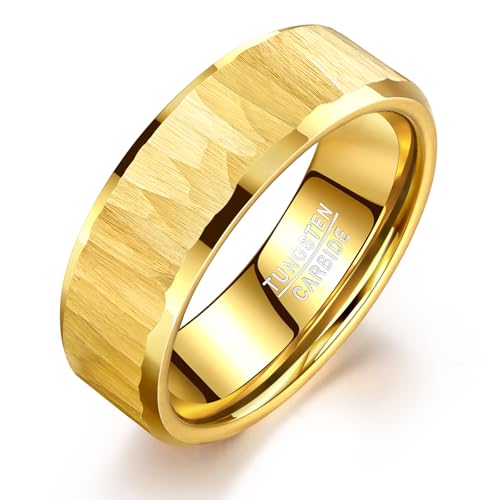 TUNGSTORY Wolframkarbid Herrenring Hammered - Gold Kratzfest Ehering Hochzeit Geschenk für Ihn Komfortring 54.4 von TUNGSTORY