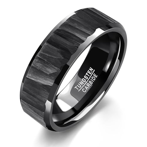 TUNGSTORY Wolframkarbid Herrenring Hammered - Schwarz Kratzfest Ehering Hochzeit Geschenk für Ihn Komfortring 61(19.4) von TUNGSTORY