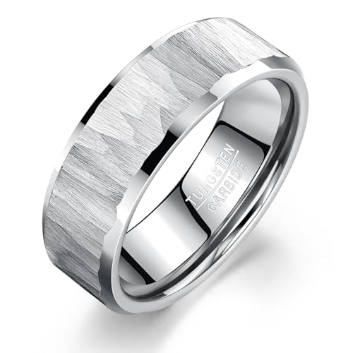 TUNGSTORY Wolframkarbid Herrenring Hammered - Silber Kratzfest Ehering Hochzeit Geschenk für Ihn Komfortring 54.4 von TUNGSTORY