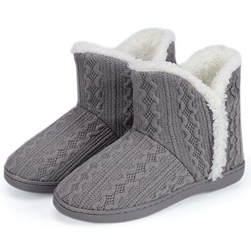 TUOBUQU Hausstiefel Damen Winter Warm Plüsch Hüttenschuhe Leicht Weich Rutschfest Gefüttert Hausschuhe Pantoffeln Stiefel Grau 40/41 EU von TUOBUQU