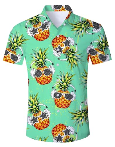 Hawaiihemd Herren Funky Ananas Hawaii Hemd Button Down Lustig Hemd Bunt Männer Kurzarm Aloha Sommerhemd Freizeithemd für Strandurlaub Blau XXL von TUONROAD