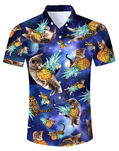 Hawaiihemd Herren Funky Ananas Hawaii Hemd Button Down Lustig Hemd Bunt Männer Kurzarm Aloha Sommerhemd Freizeithemd für Strandurlaub Blau XXL von TUONROAD