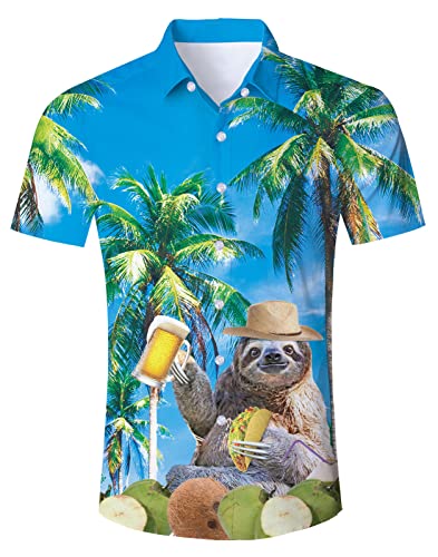 Hawaiihemd Herren Funky Faultier Bier Hawaii Hemd Button Down Lustig Hemd Bunt Männer Kurzarm Aloha Sommerhemd Freizeithemd für Strandurlaub Blau L von TUONROAD