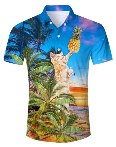 Hawaiihemd Herren Funky Katze Ananas Hawaii Hemd Button Down Lustig Hemd Bunt Männer Kurzarm Aloha Sommerhemd Freizeithemd für Strandurlaub Blau M von TUONROAD