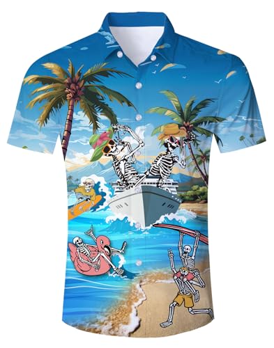 Hawaiihemd Herren Funky Schädel Hawaii Hemd Button Down Lustig Hemd Bunt Männer Kurzarm Aloha Sommerhemd Freizeithemd für Strandurlaub Blau L von TUONROAD